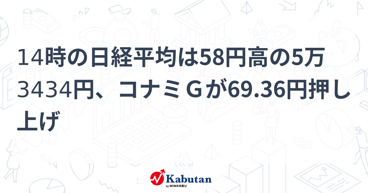 14時の日経平均は58円高の5万3434円、コナミGが69.36円押し上げ | 市況 - 株探ニュース